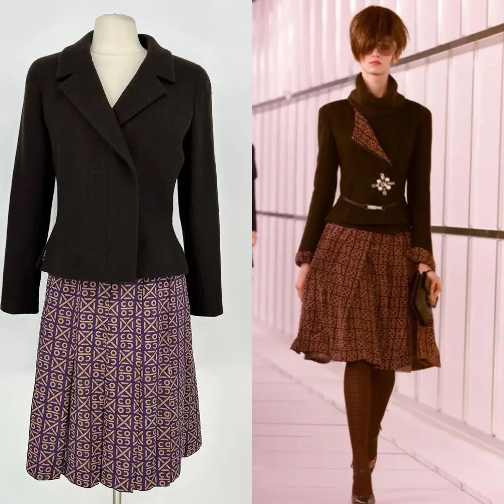 Vintage Y2K Runway CHANEL  FR 44 Blazer Skirt Set Chocolate Brown Cashmere Silk